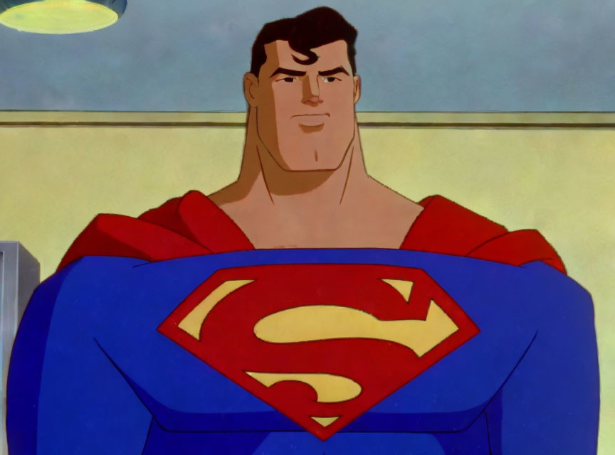 Superman animated image in blue suit with red cape and 'S' emblem