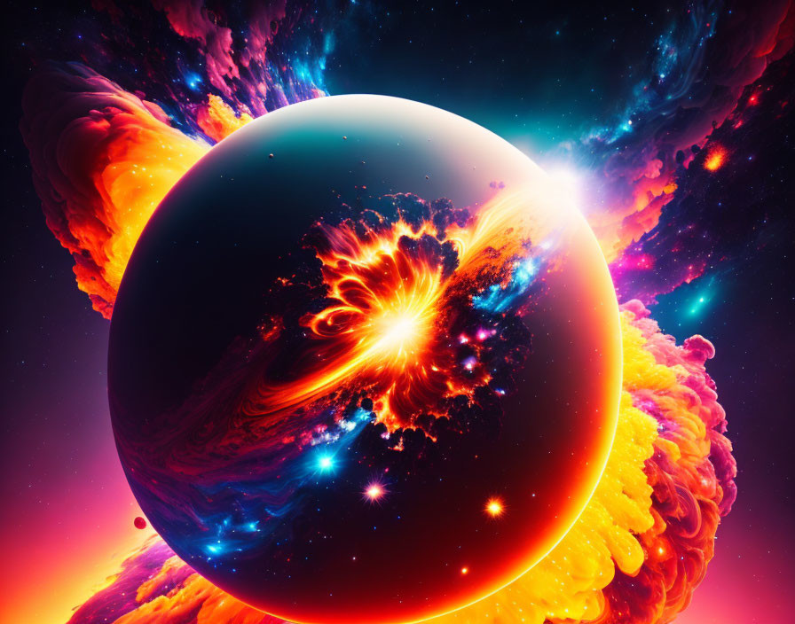 Abstract colorful cosmic digital artwork with glossy planet sphere and glowing nebulae.