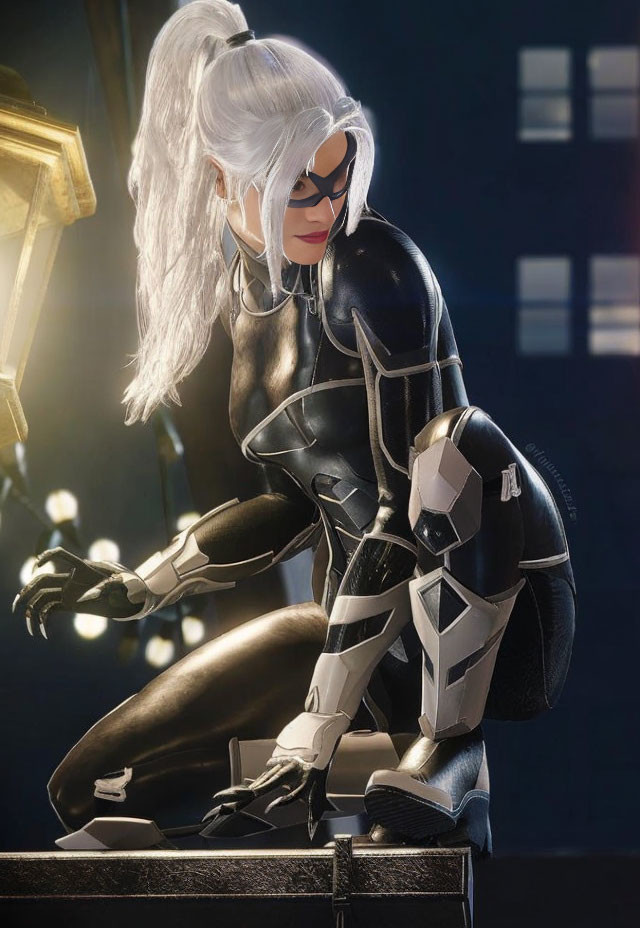 Female superhero with white hair in black suit with silver accents in night cityscape.