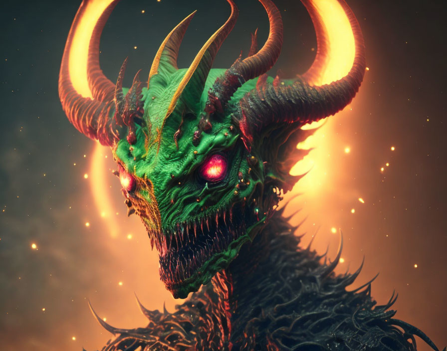 Menacing green creature with red eyes and horns in fiery setting