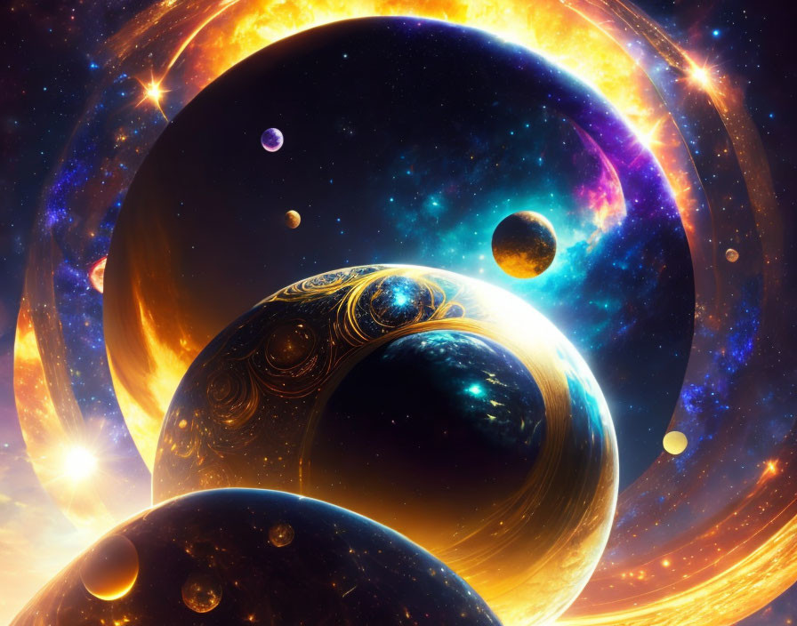 Colorful digital art: Imaginary cosmic scene with planets, stars, and nebula backdrop