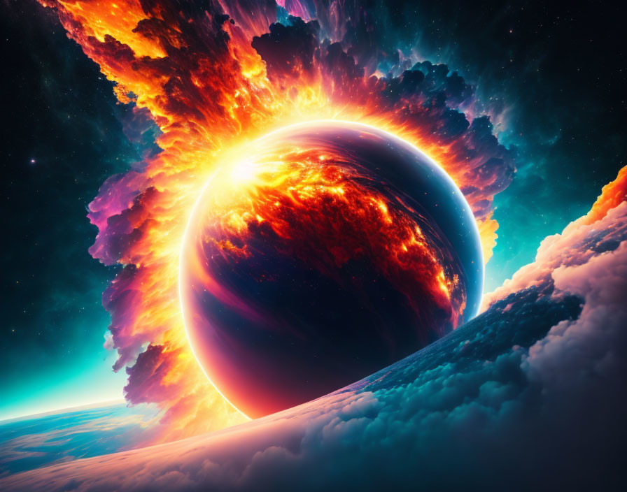 Colorful cosmic scene with planet, clouds, and nebula