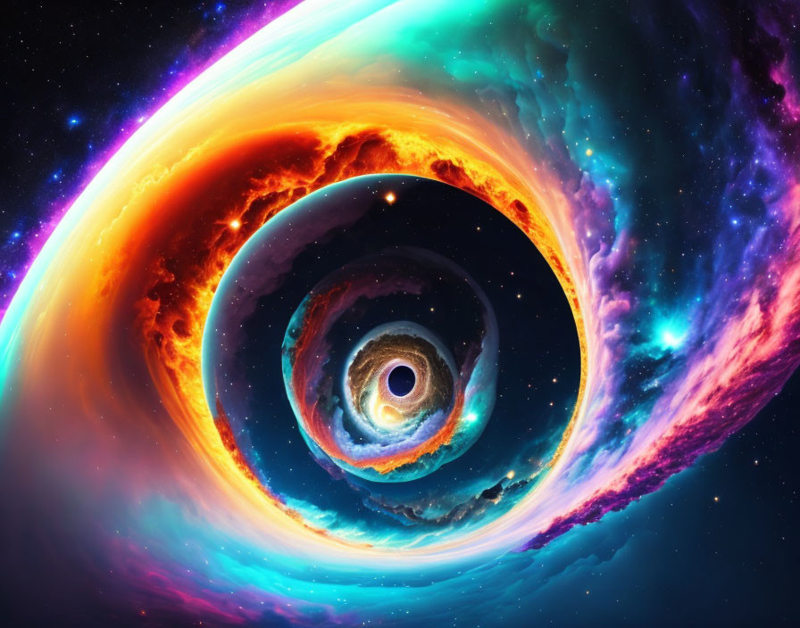 Colorful cosmic digital artwork: swirling galaxy and nebulae eye