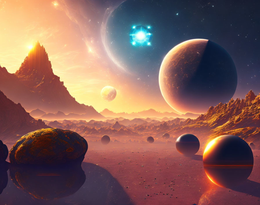 Colorful sci-fi landscape with multiple planets, glowing nebula, and reflective spheres on alien terrain at