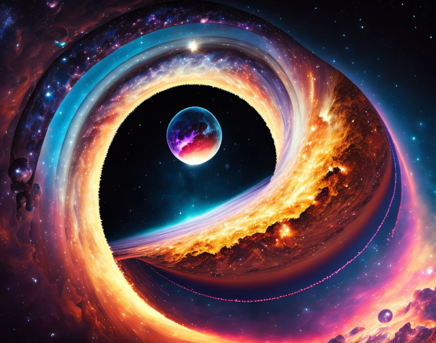 Swirling galaxy, wormhole, celestial bodies in vibrant cosmic scene
