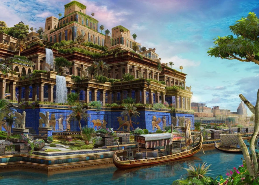 Lush Hanging Gardens of Babylon with Waterfalls and Terraces