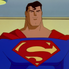 Superman animated image in blue suit with red cape and 'S' emblem