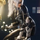 Female superhero with white hair in black suit with silver accents in night cityscape.