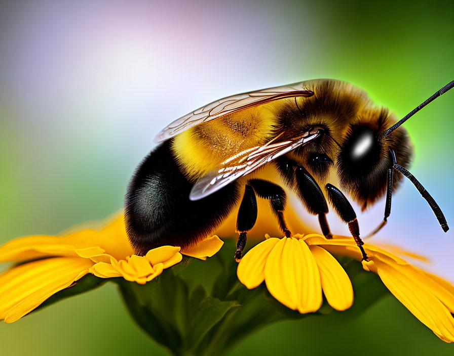 Bee collecting nectar from yellow flowers in soft-focus green background