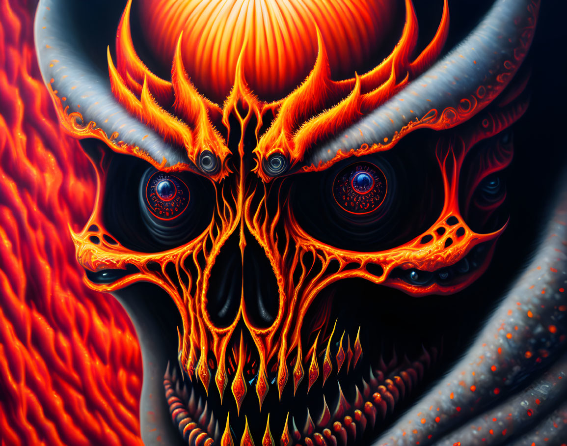 Fiery demonic face with intense blue eyes and swirling orange-red patterns