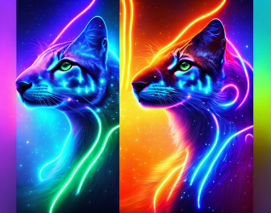 Colorful digital art: Two cats on neon cosmic backdrop with split cool and warm palette