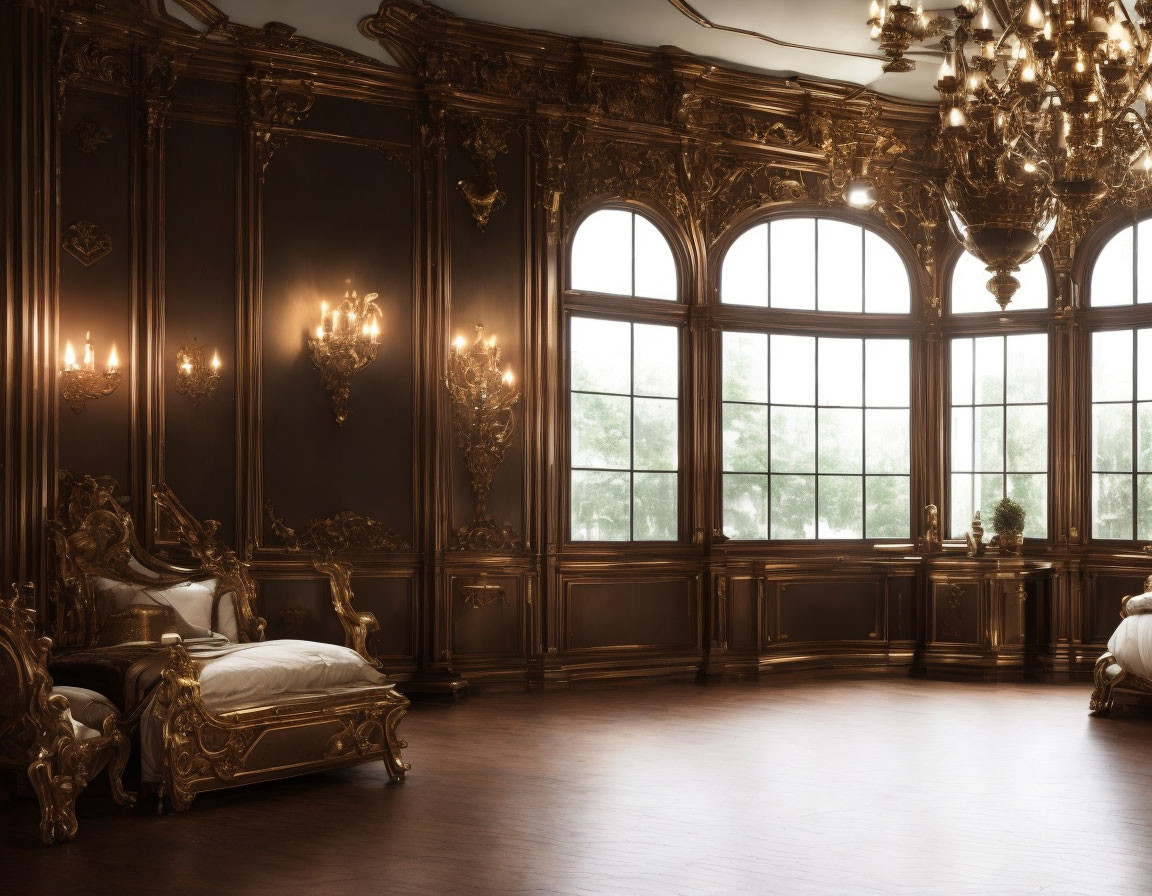 Baroque-style room with gilded walls, chandelier, antique furniture