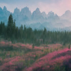 Misty forest at dawn with green and pink trees under gradient sky