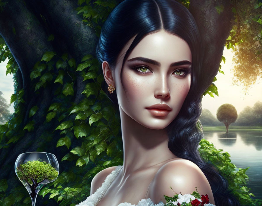 Digital artwork of woman with black hair, green eyes, white dress, bouquet by tree and lake