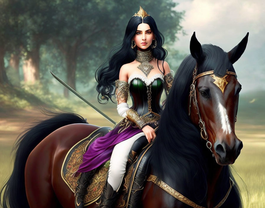 Warrior woman with black hair on majestic black horse in forested landscape