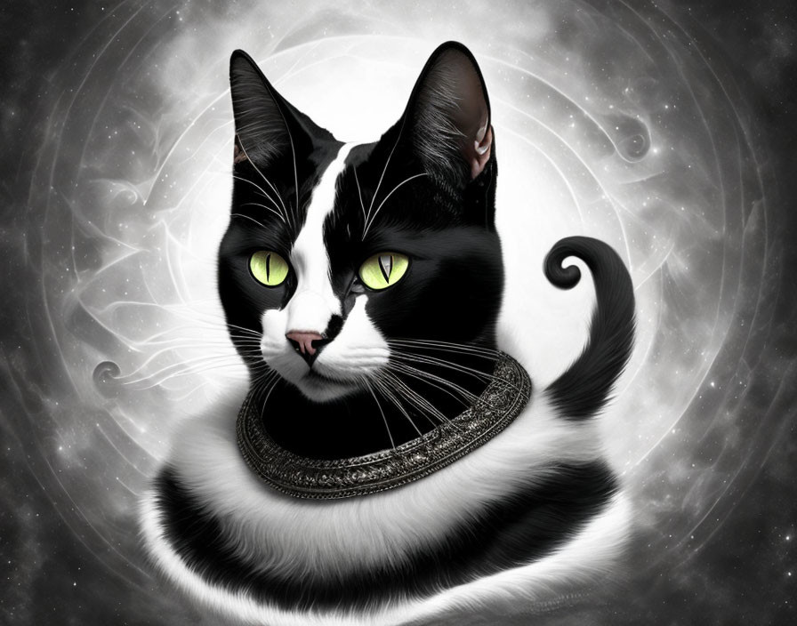 Black and white cat with green eyes on cosmic background with galaxy patterns