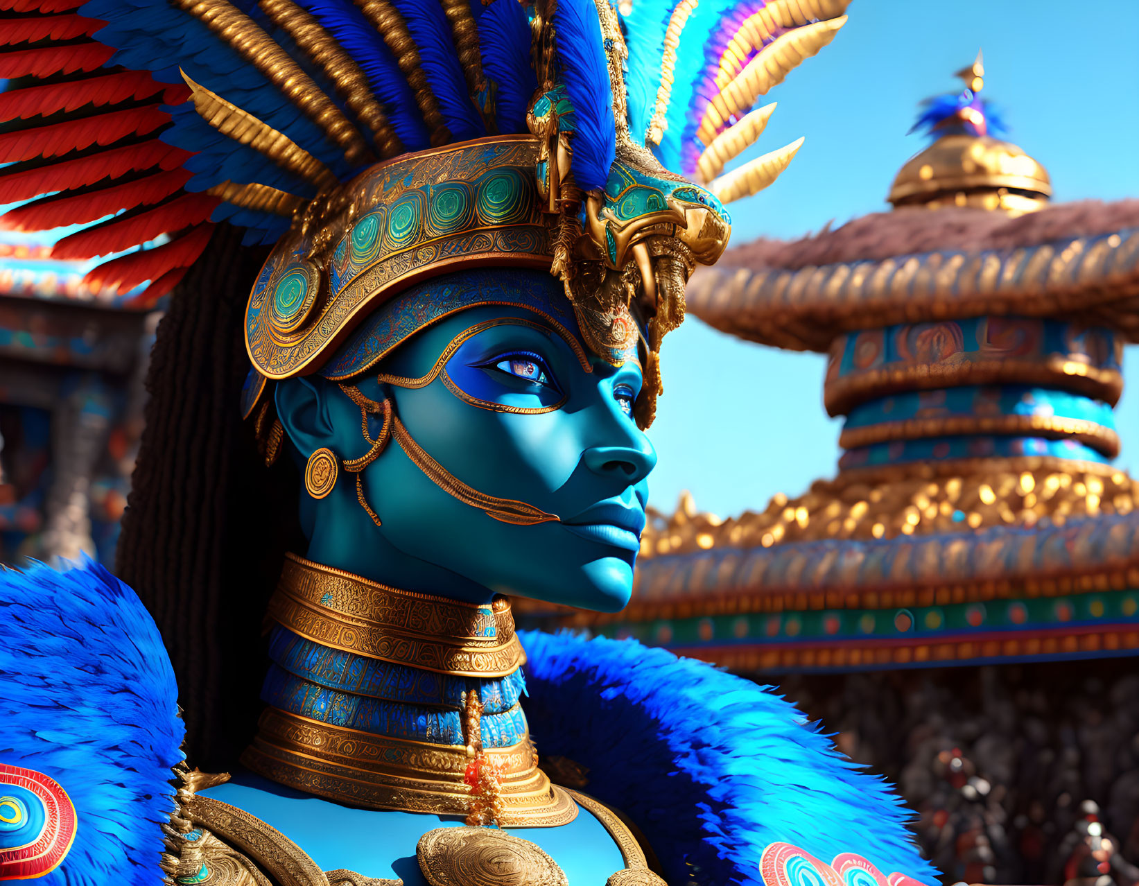 Detailed 3D rendering of person with blue skin in Aztec-inspired attire