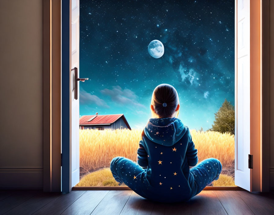 Child in Star-Patterned Onesie at Open Door Observing Night Sky