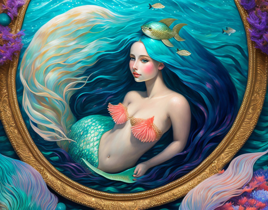 Vibrant Mermaid Artwork in Golden Frame with Underwater Theme