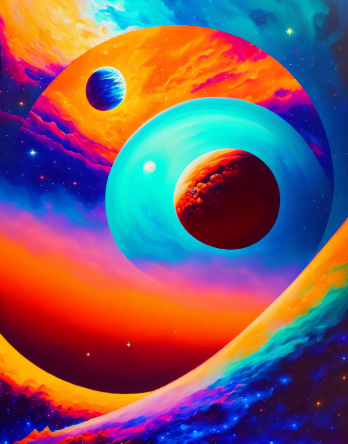 Colorful Cosmic Illustration: Large Ringed Planet, Two Moons, Nebula, Star-filled