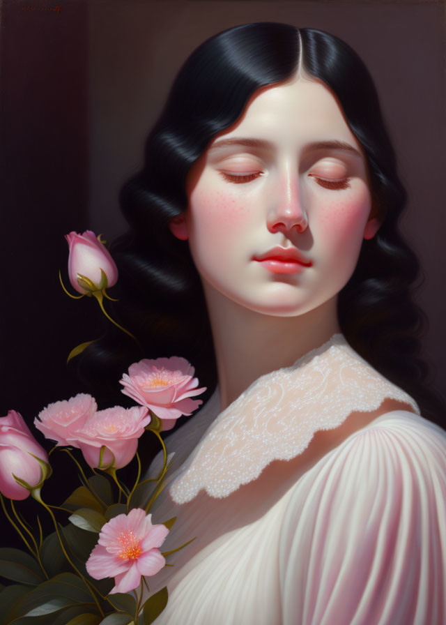 Portrait of woman with closed eyes, pale skin, dark hair, and pink flowers on dark background