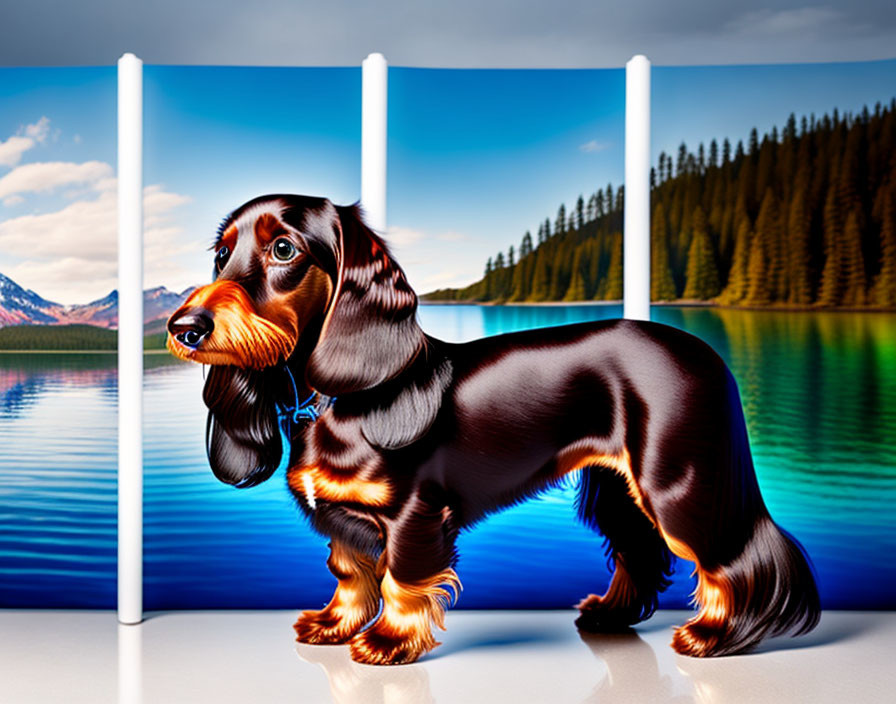 Stylized long-haired dachshund against serene lake and forest backdrop