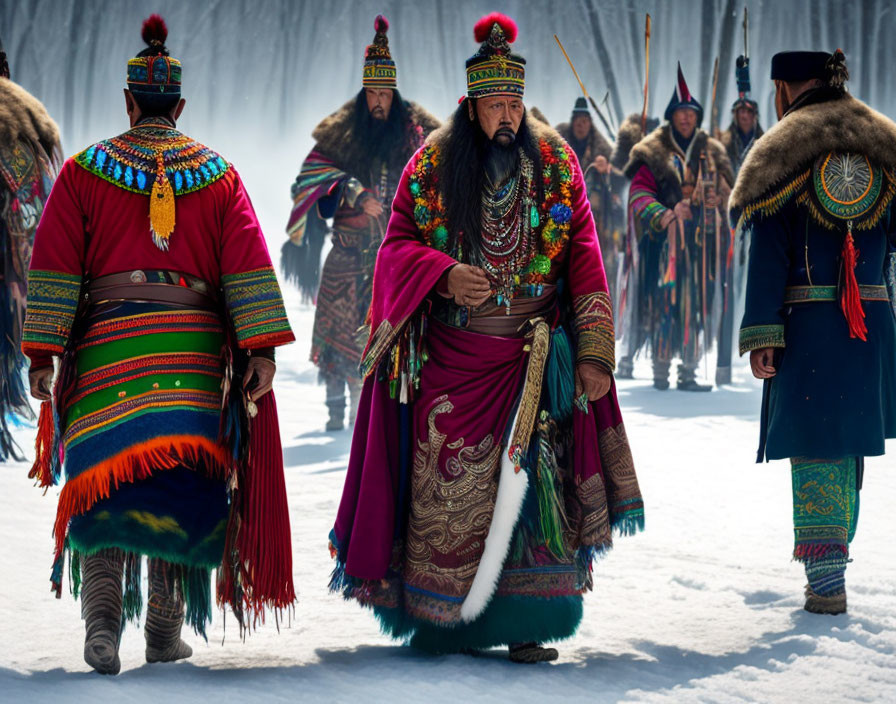 Men in ornate traditional attire walking in snowy setting