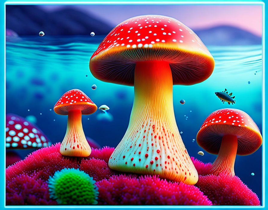 Colorful digital art featuring whimsical mushrooms on textured surface