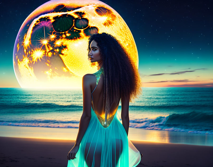 Woman in glowing dress gazes at large moon on beach at twilight