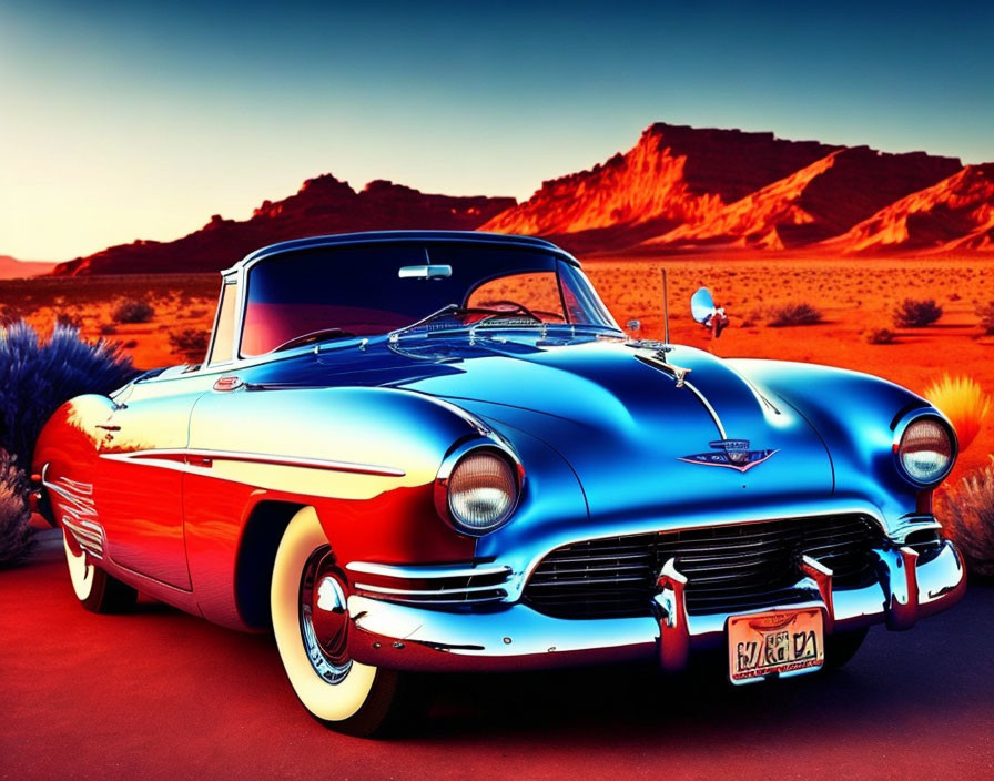 Vintage Blue and Red Car in Desert Sunset Setting