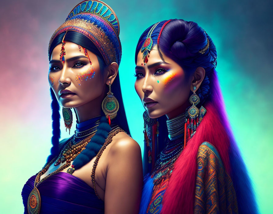 Vibrant makeup and ornate headpieces in blue and purple hues