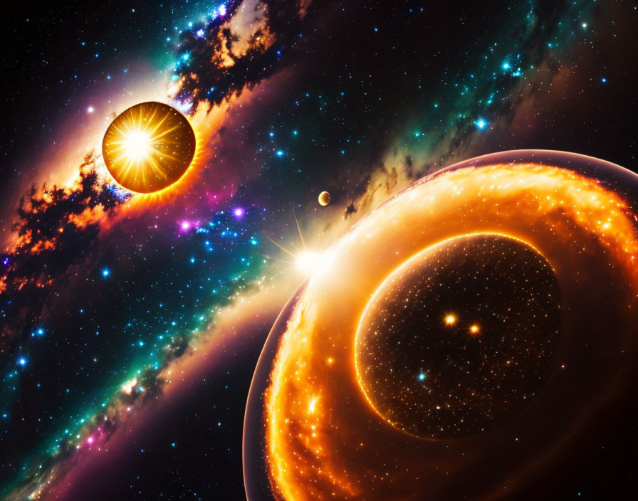 Luminous sun, glowing planet, celestial bodies in vibrant space scene