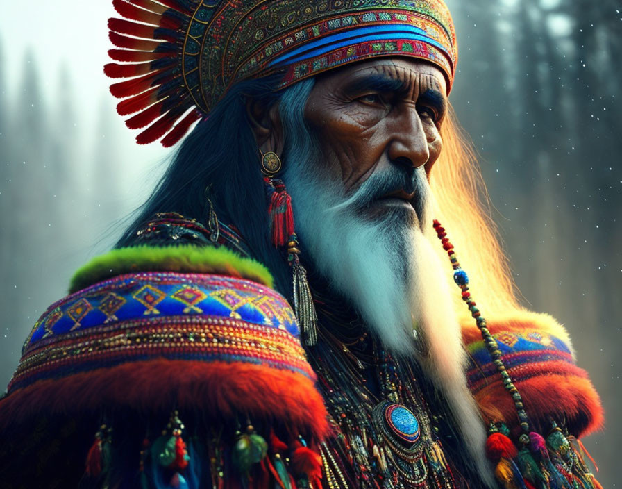 Elder in Traditional Native American Attire with Feathered Headdress