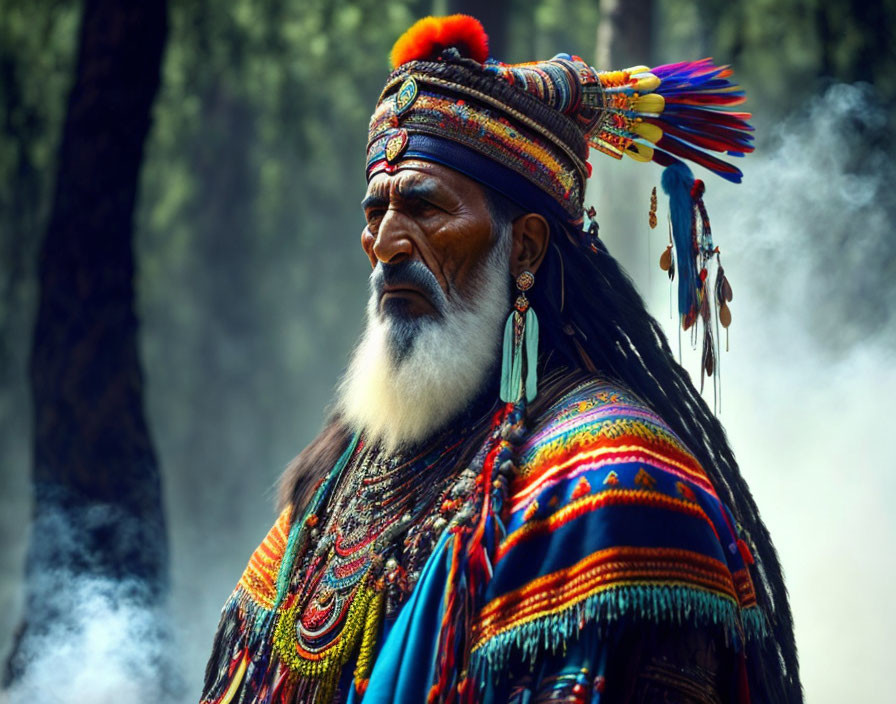 Elderly man in tribal headdress in misty forest