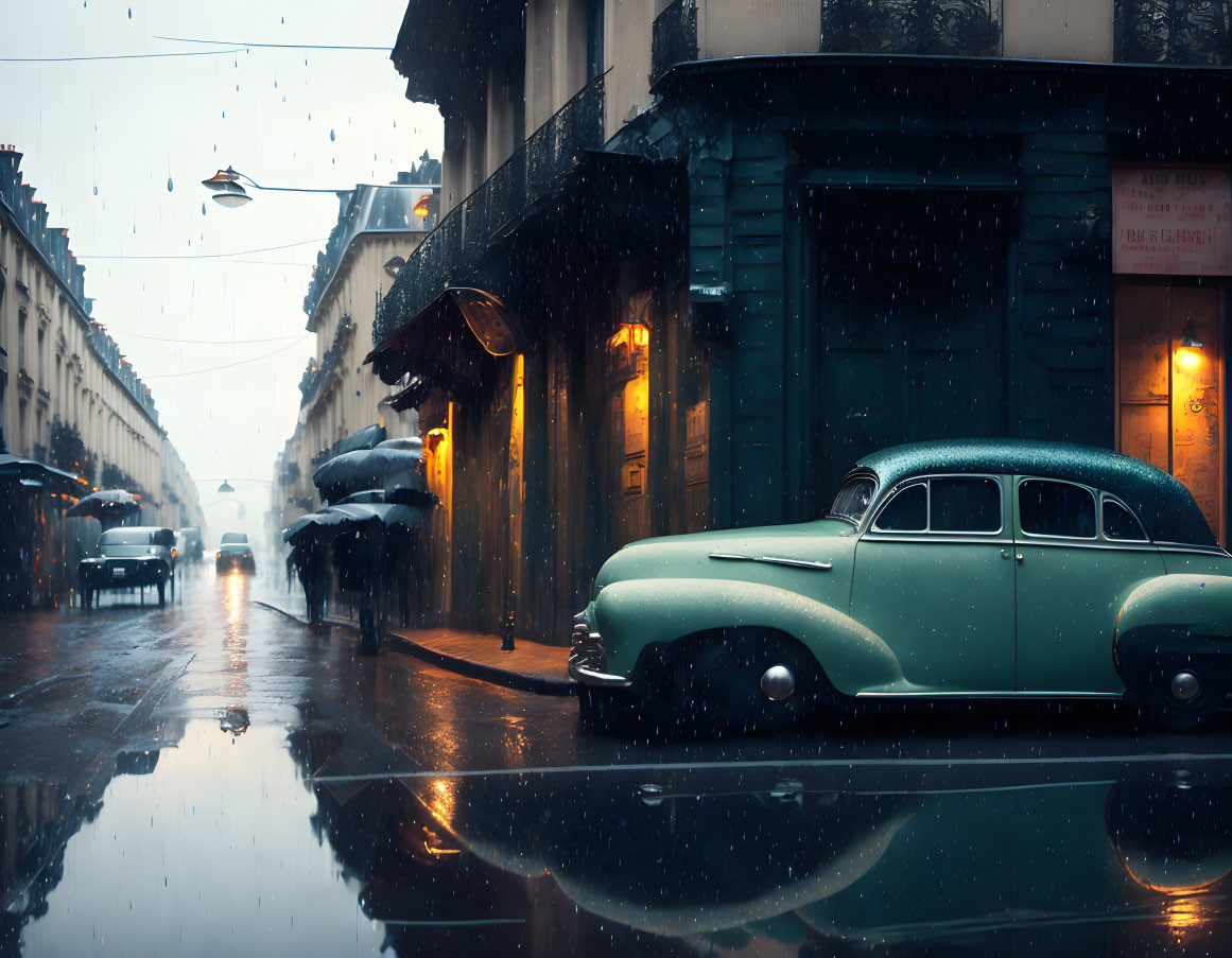 Vintage Green Car Parked on Rainy Street with Reflections and Warm Lights