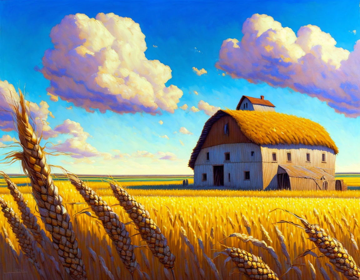 Rustic barn in golden wheat fields under blue sky