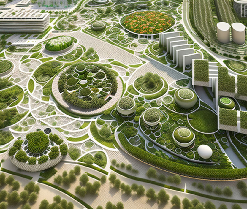 Futuristic green cityscape with circular gardens and green roofs