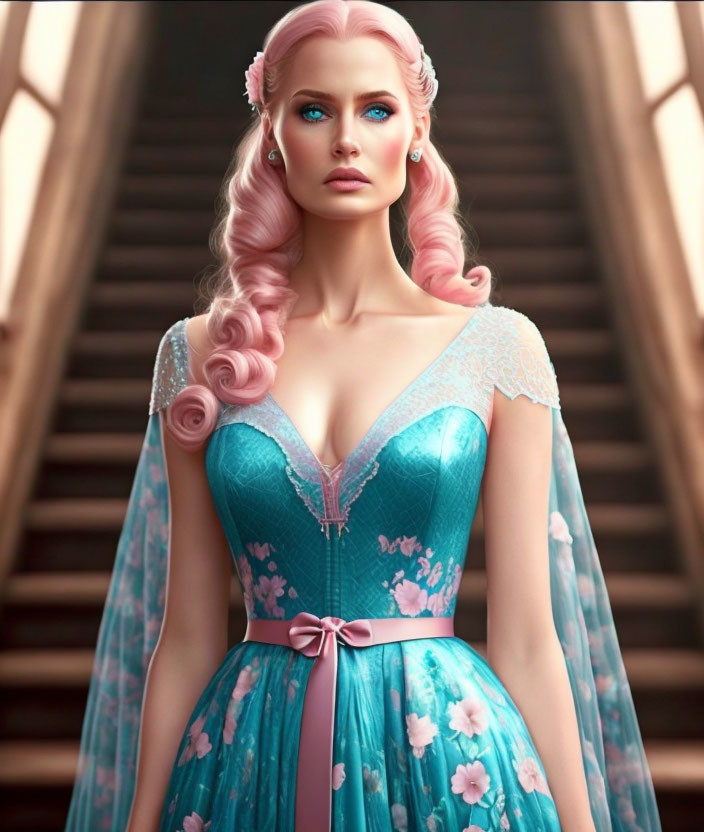 Digital Art: Woman with Pink Hair, Blue Dress, Blue Eyes on Staircase