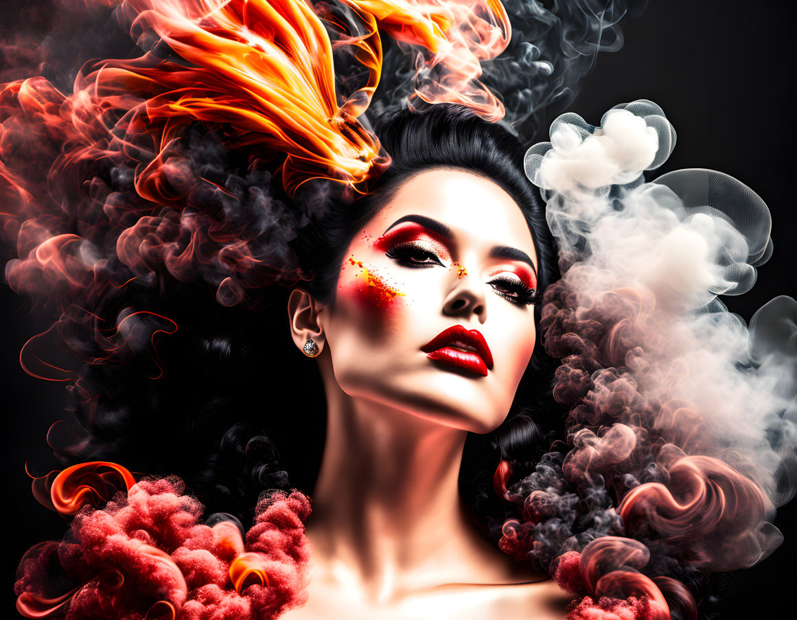 Vibrant orange hair woman portrait in red makeup with black and red smoke