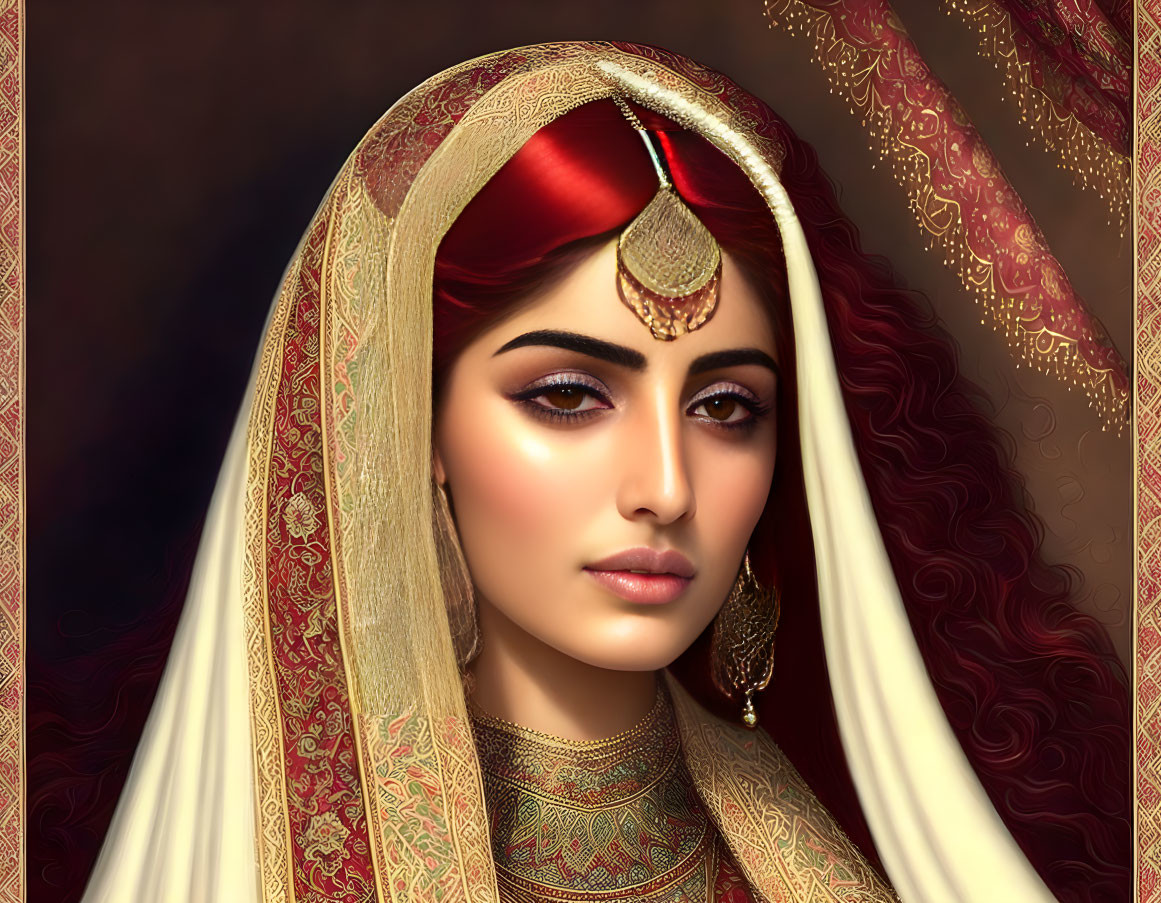 Elaborate headpiece and veil illustration with gold accents