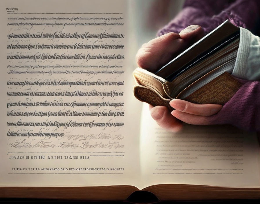 Detailed Close-up of Hands Holding Old Open Book