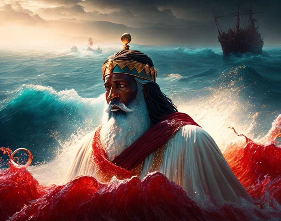 Regal painting of bearded man in royal attire with stormy seas ship