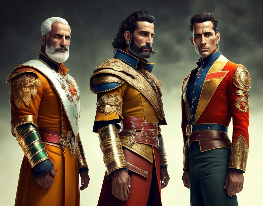 Stylized male characters in ornate military uniforms with distinguished facial hair against stormy backdrop