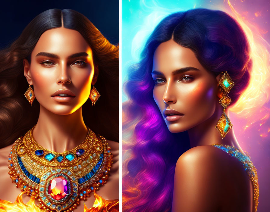 Stylized portraits of a woman with luxurious jewelry, showcasing warm and cool tones with different hair styles