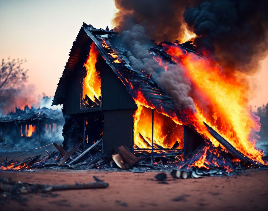 House on Fire with Smoke in Twilight Sky