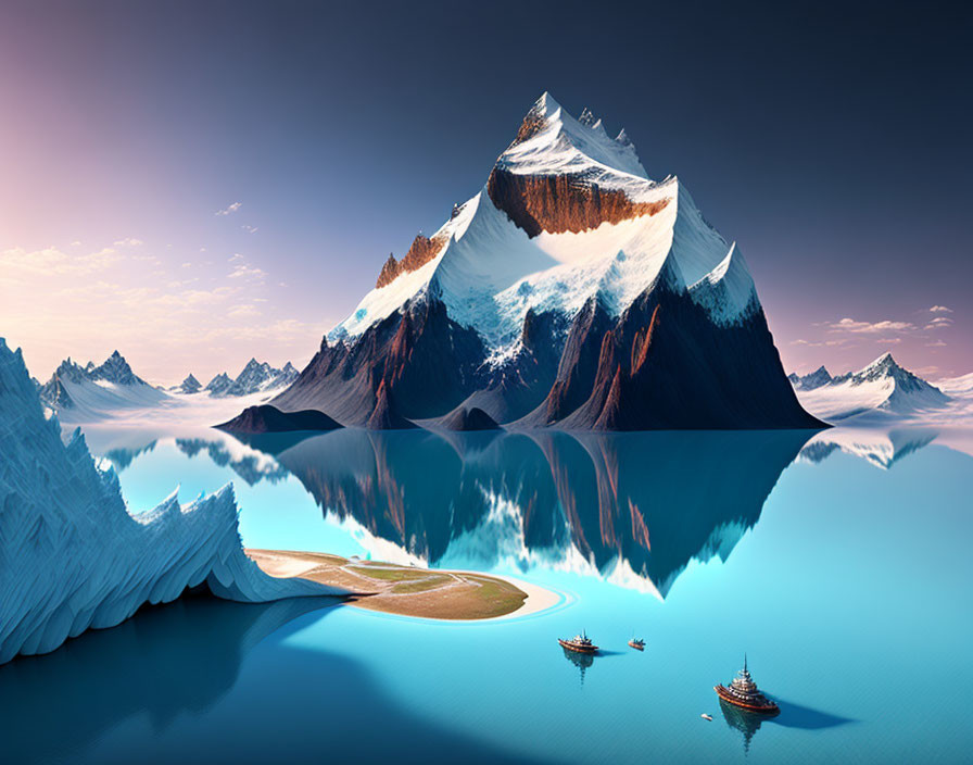 Tranquil digital artwork: mountain, lake, boats, icebergs, twilight sky