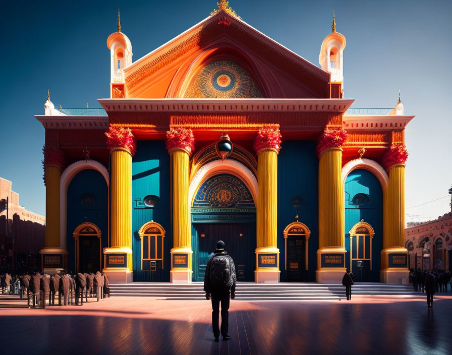 Ornate Red and Gold Building with Columns under Blue Sky