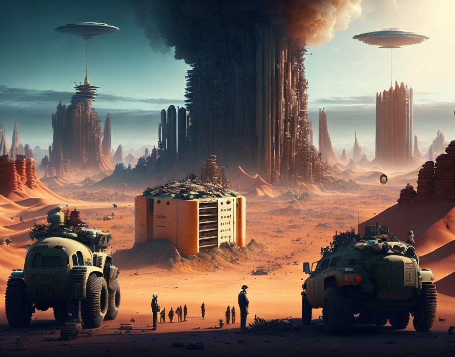 Futuristic vehicles, alien structures, and desert landscape in sci-fi scene