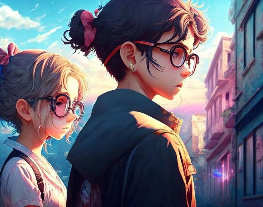 Anime-style characters with glasses and pigtail hairstyles in vibrant cityscape at dusk