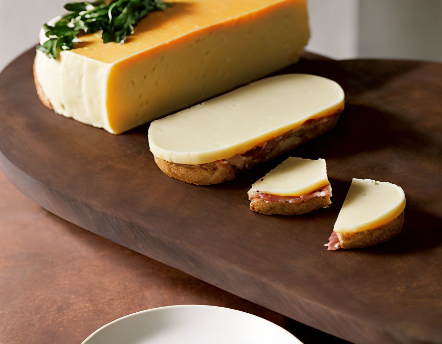 Sliced Cheese Wedge on Wooden Board with Bread and Garnish